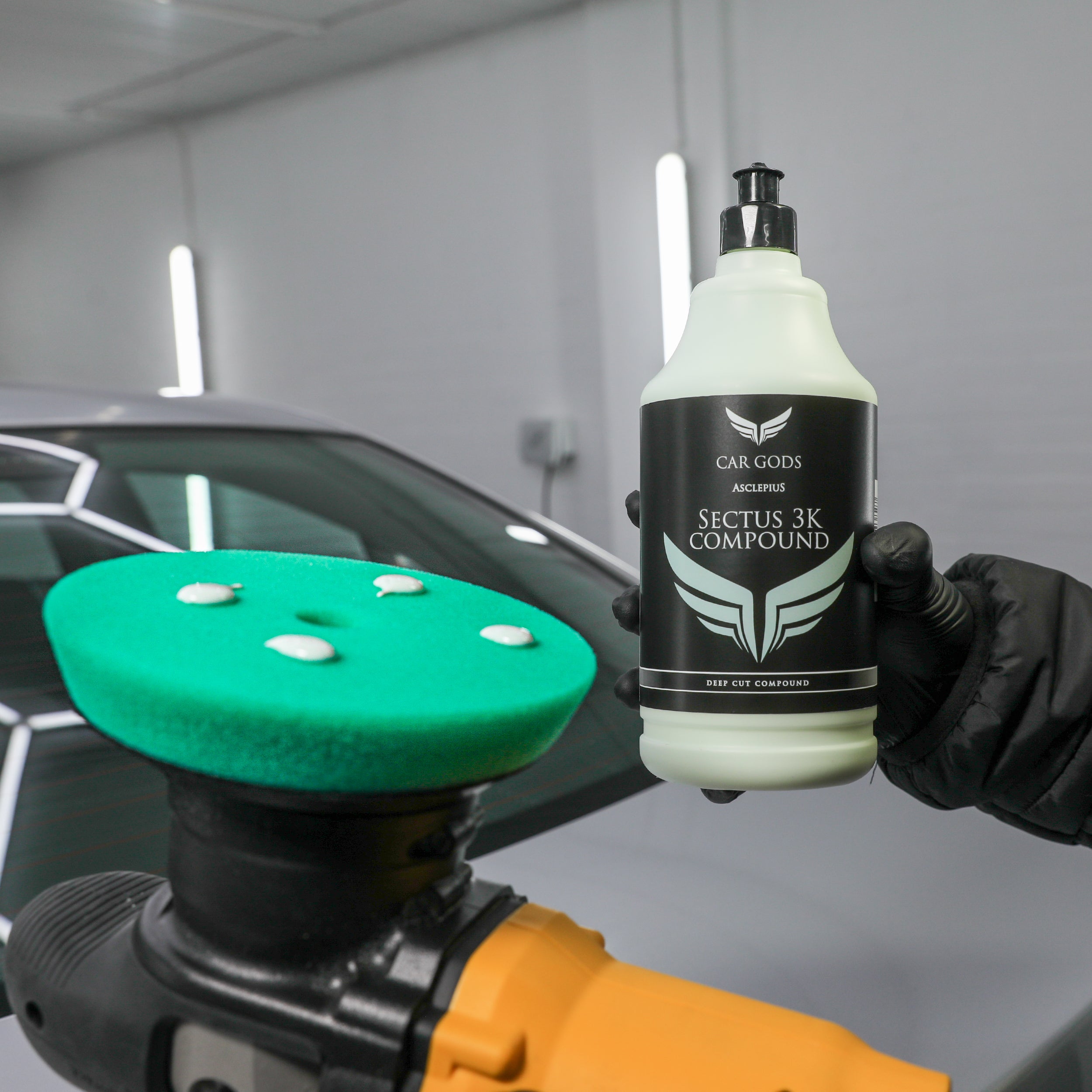 heavy cutting compound next to machine polisher