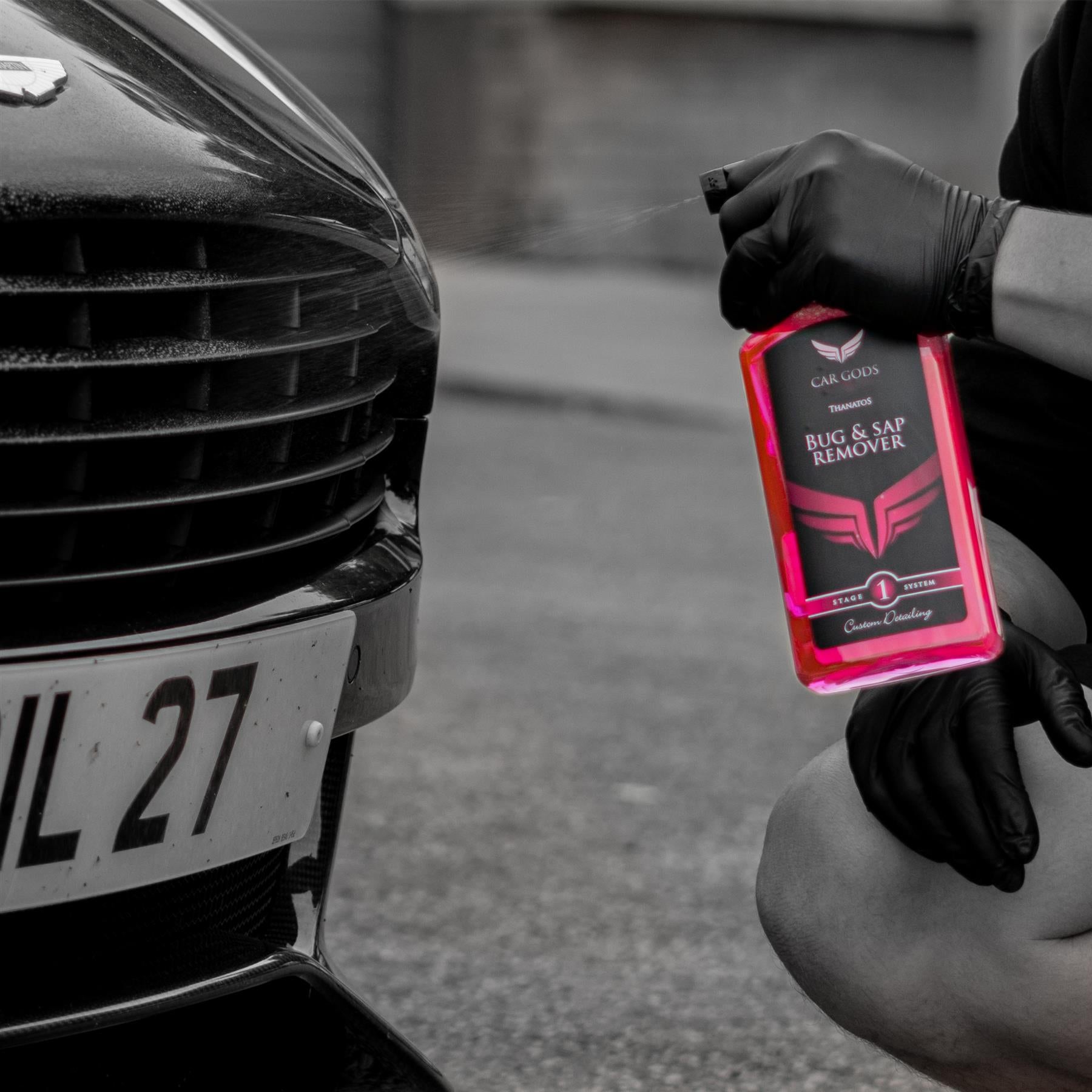 bug and sap remover being sprayed onto the grill of a car by a detailer