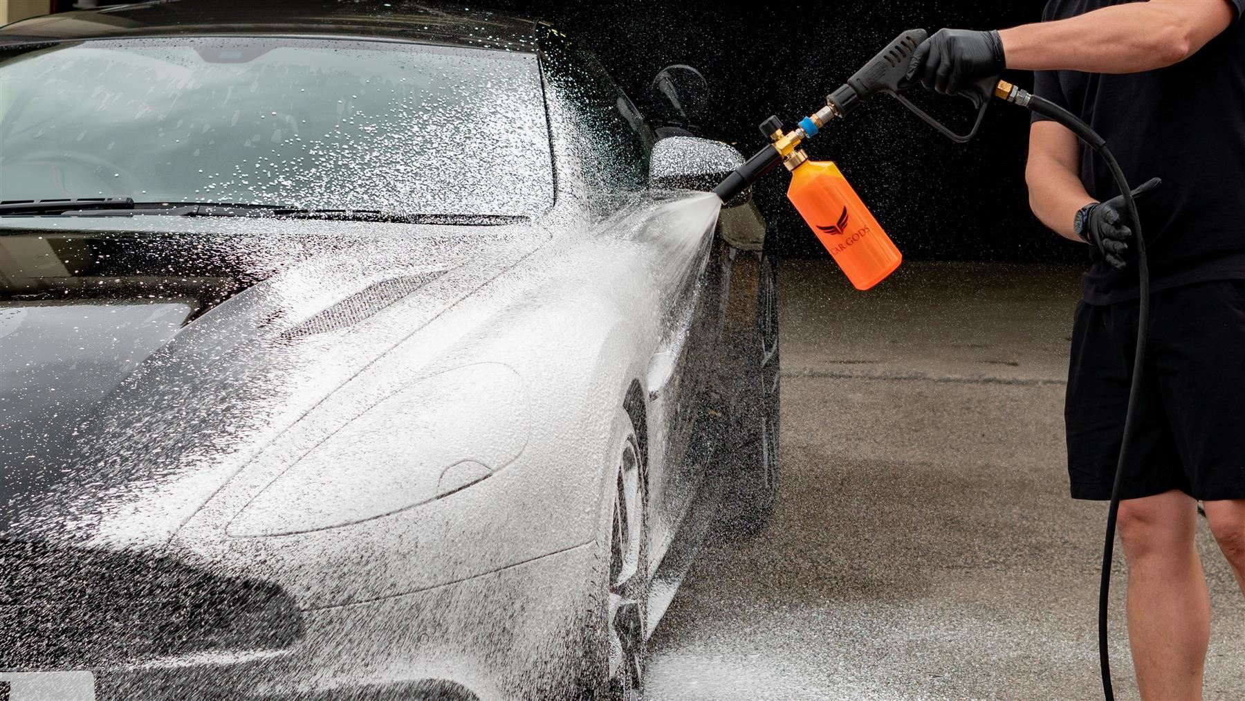 Using the pressure washer lance to apply Snow Foam