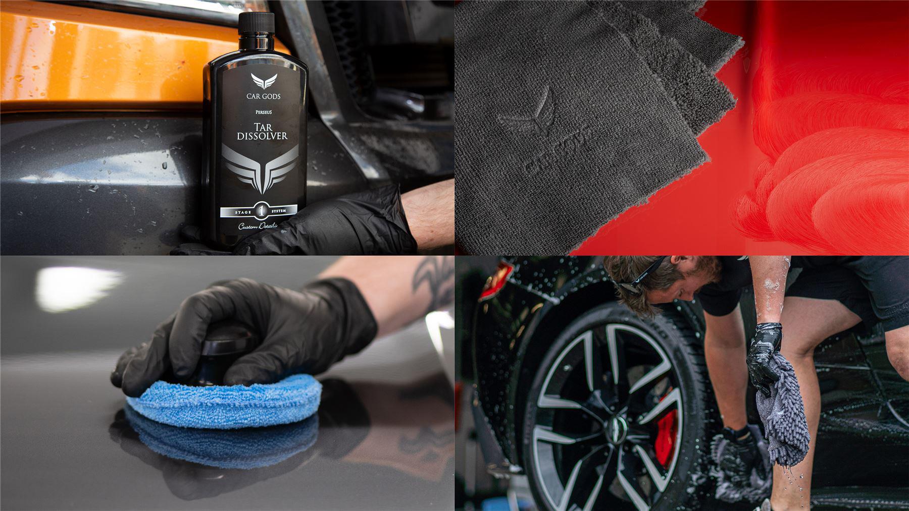 a collection of in use images showing the tar dissolve rbottle, an applicator pad, a microfibre cloth and wash mitt