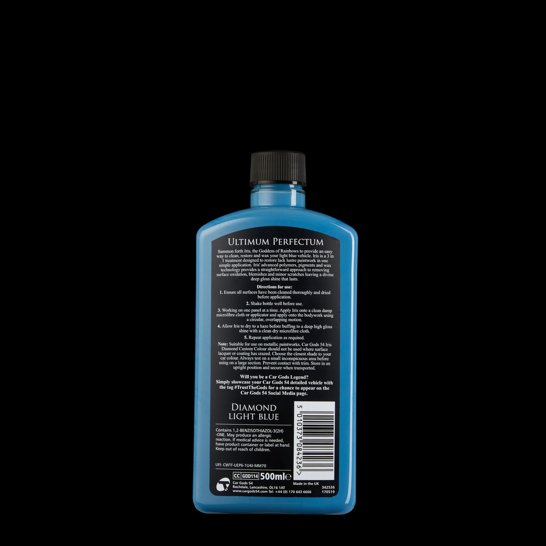 Reverse bottle of Car Gods Light Blue Colour Restorer
