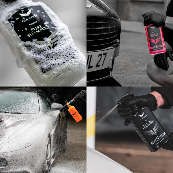 a collage of car detailing products showing car shampoo, bug and sap remover, iron remover and snow foam cannon being used on cars