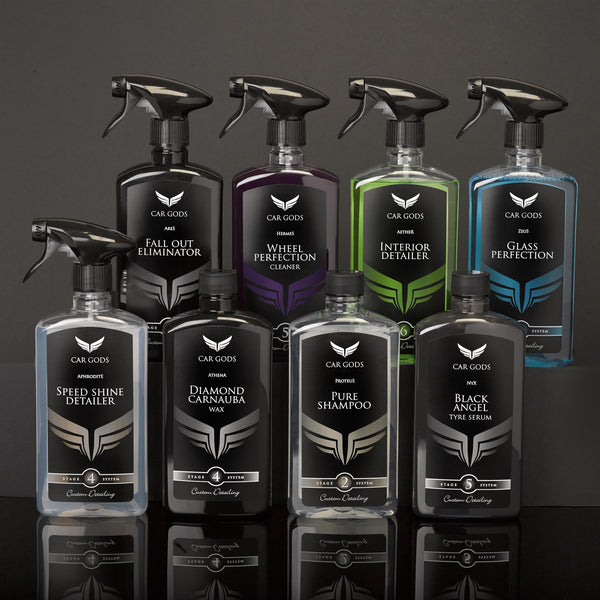Line up of car detailing products included in the ultimum perfectum kit
