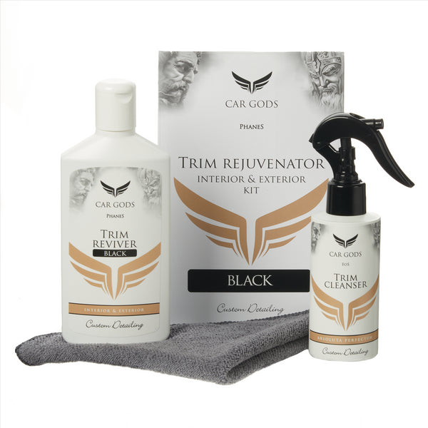 Trim Rejuvenator Kit includes and Trim Reviver in Black, Trim Cleanser and a Microfibre Cloth