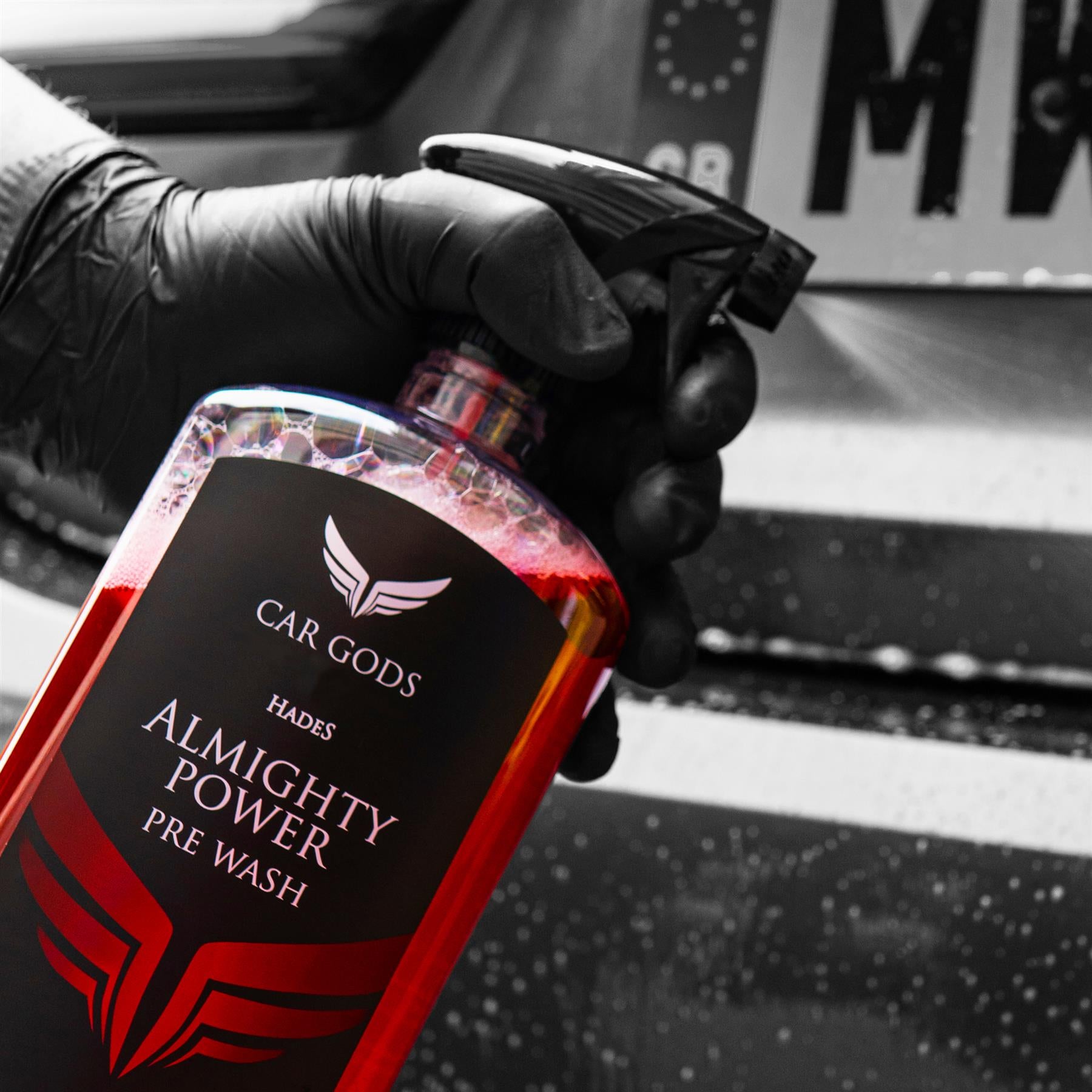 Almighty power all purpose cleaner pre wash being sprayed on to a car