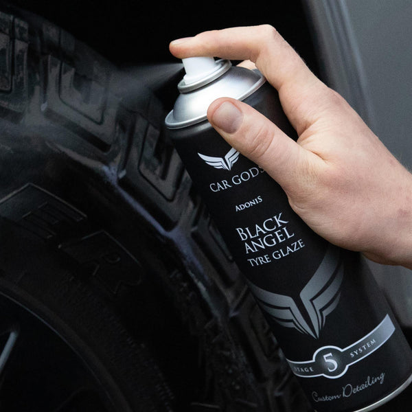 black angel tyre glaze can spraying onto a tyre